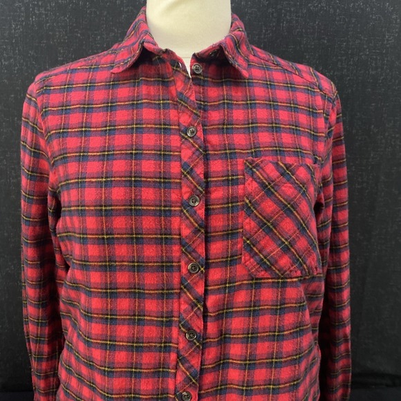 BDG Urban Outfitter Louie Red Plaid Flannel Shirt Layered Lace Ruffled Detail SP - Picture 2 of 14